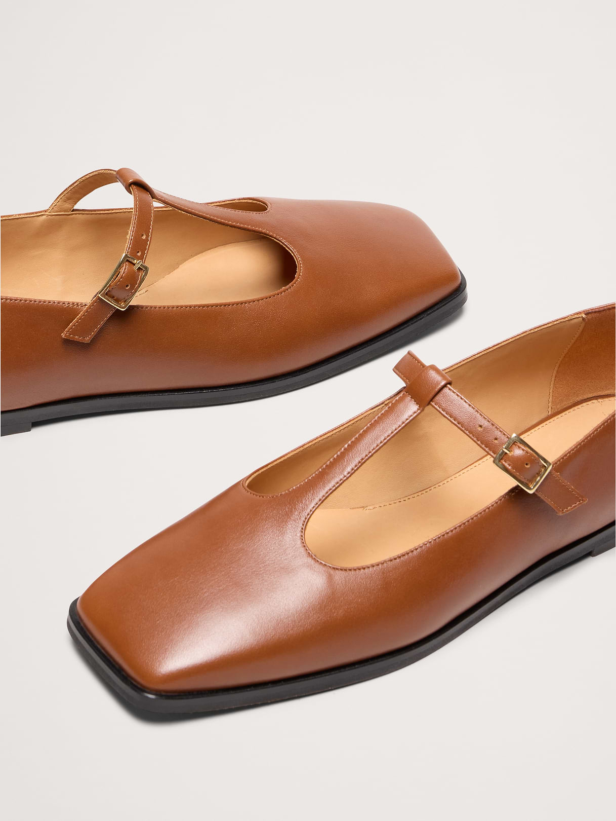 Italian Leather Square-Toe Mary Jane Flats - Cognac Brown