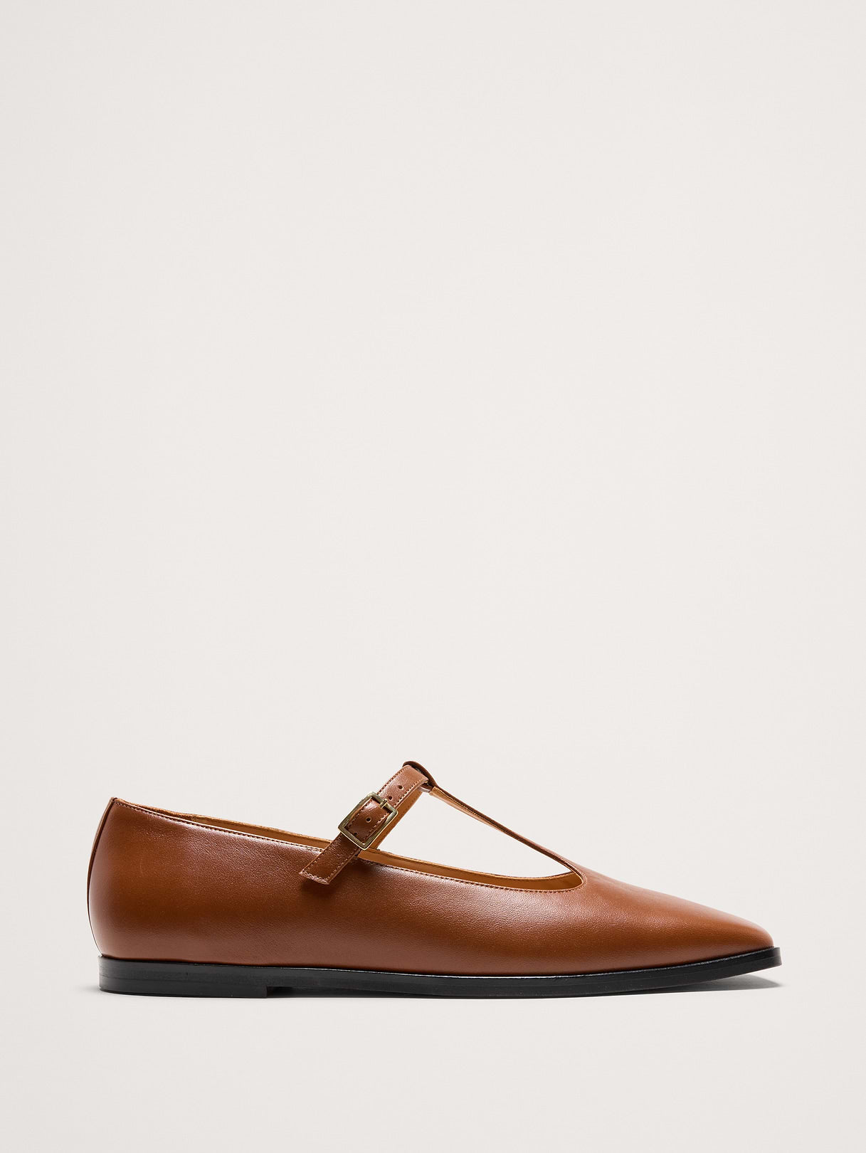 Italian Leather Square-Toe Mary Jane Flats - Cognac Brown