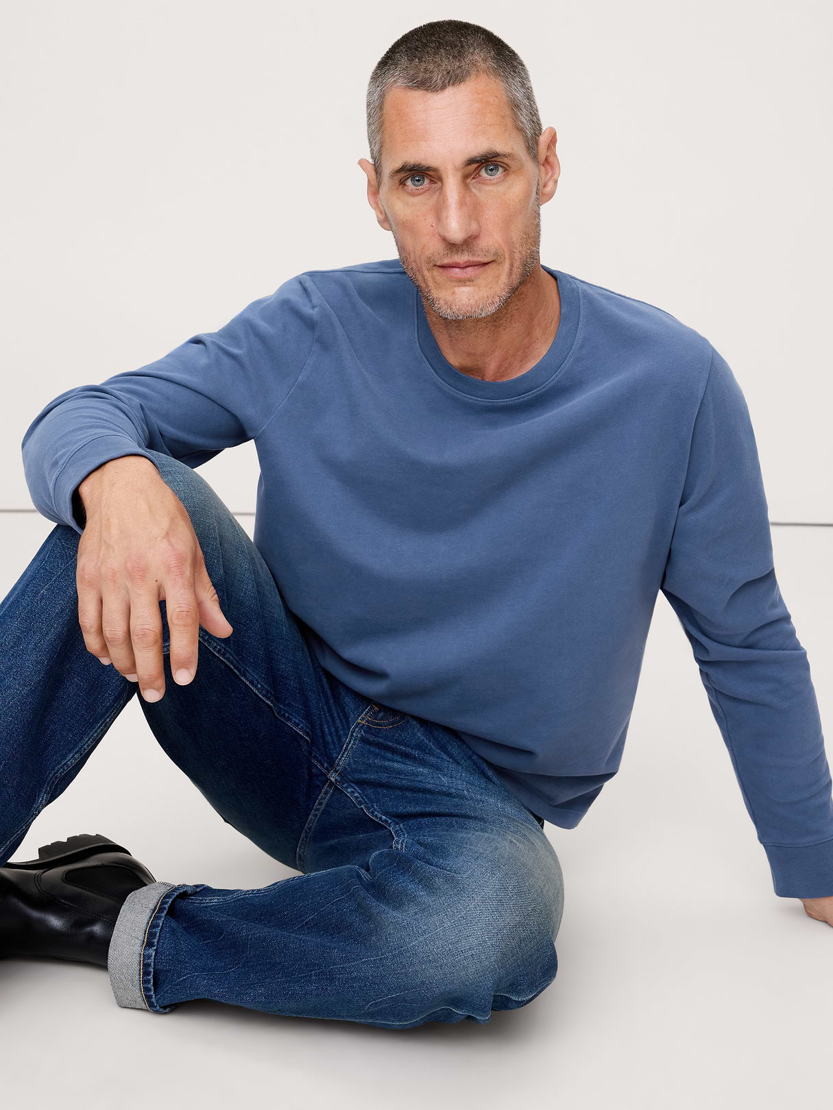 Sueded Cotton Long-Sleeve T-Shirt - Hidden Blue