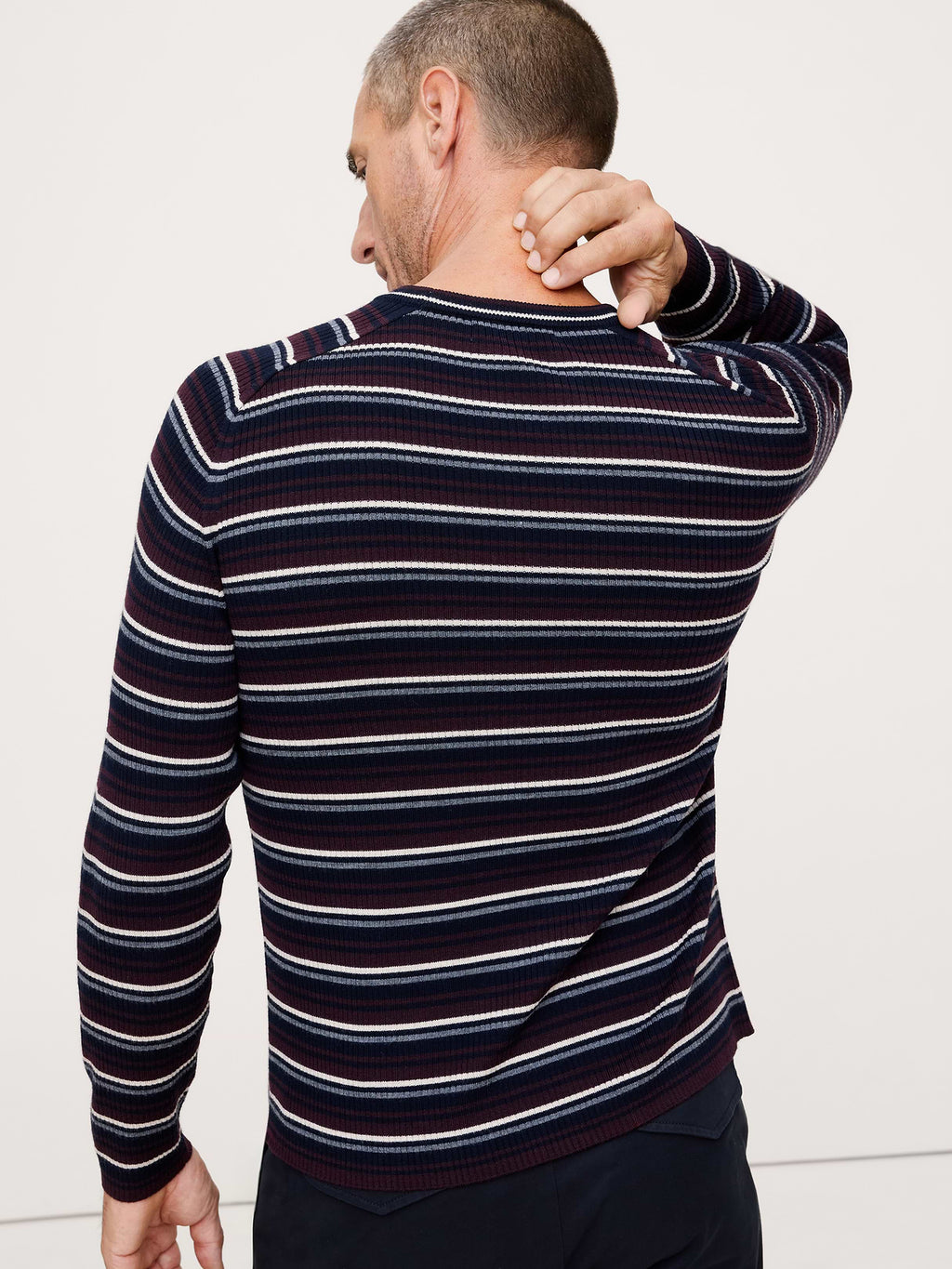 Slim Merino Ribbed Sweater - Navy Blue & Red Stripe