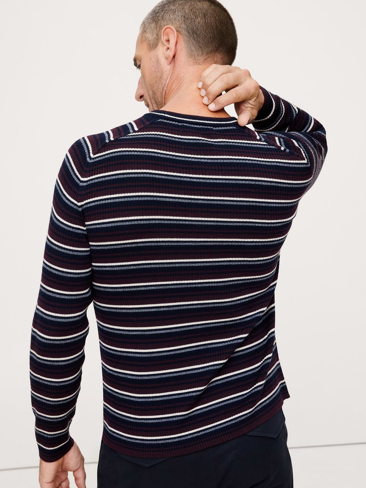 Slim Merino Ribbed Sweater - Navy Blue & Red Stripe