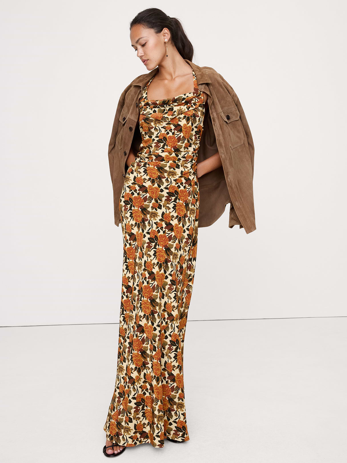 Matte Silk Cowl-Neck Backless Maxi Dress - Yellow Roses