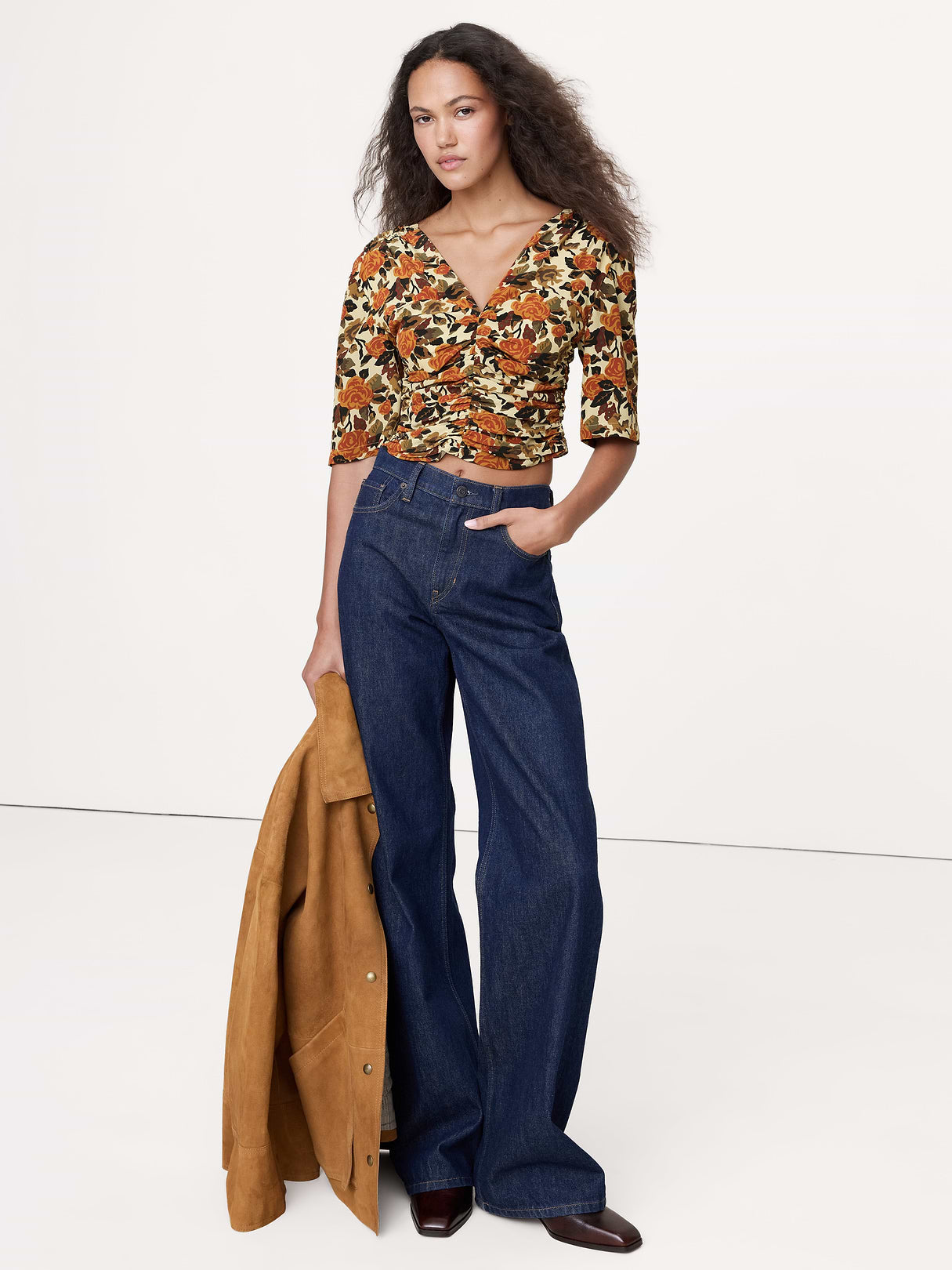 Matte Silk Ruched Top - Yellow Roses