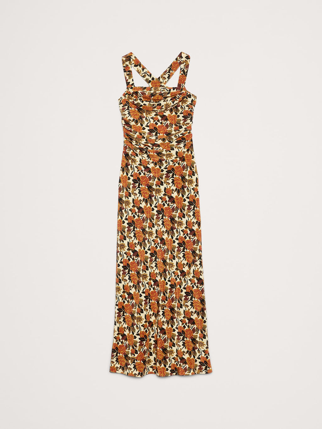 Matte Silk Cowl-Neck Backless Maxi Dress - Yellow Roses