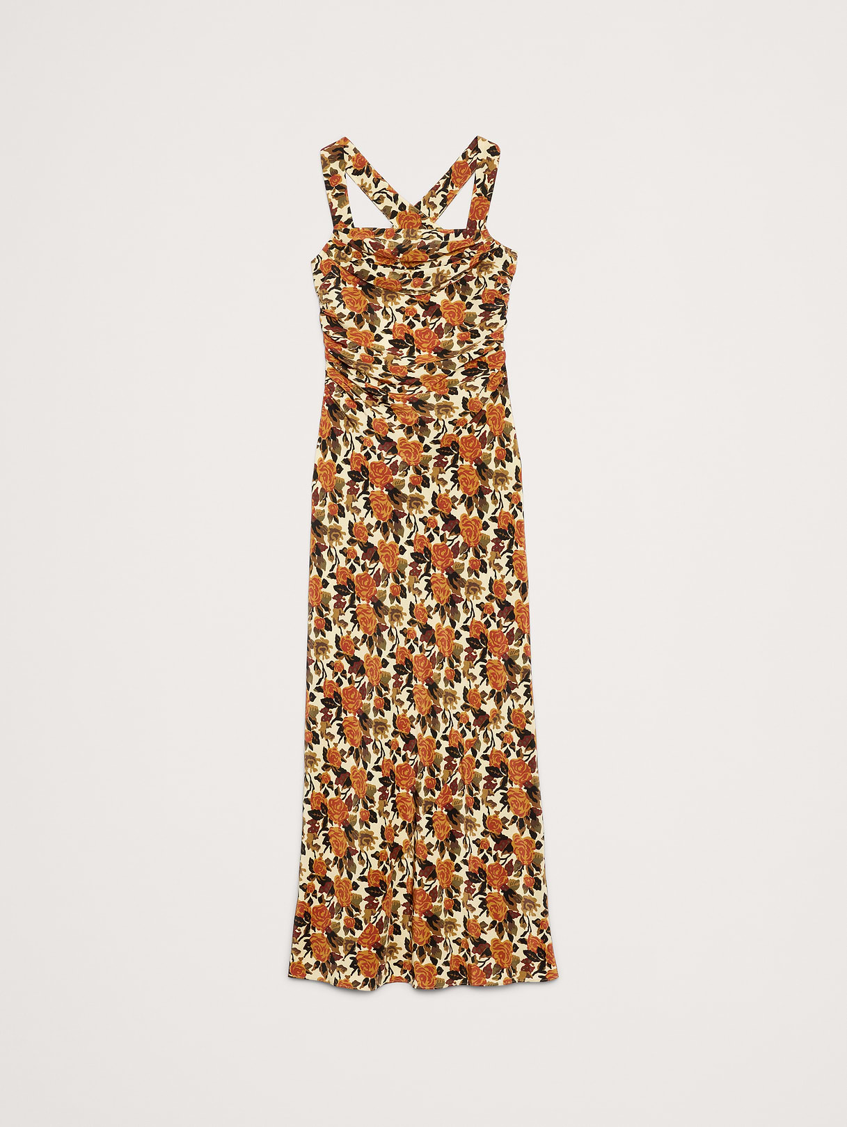 Matte Silk Cowl-Neck Backless Maxi Dress - Yellow Roses