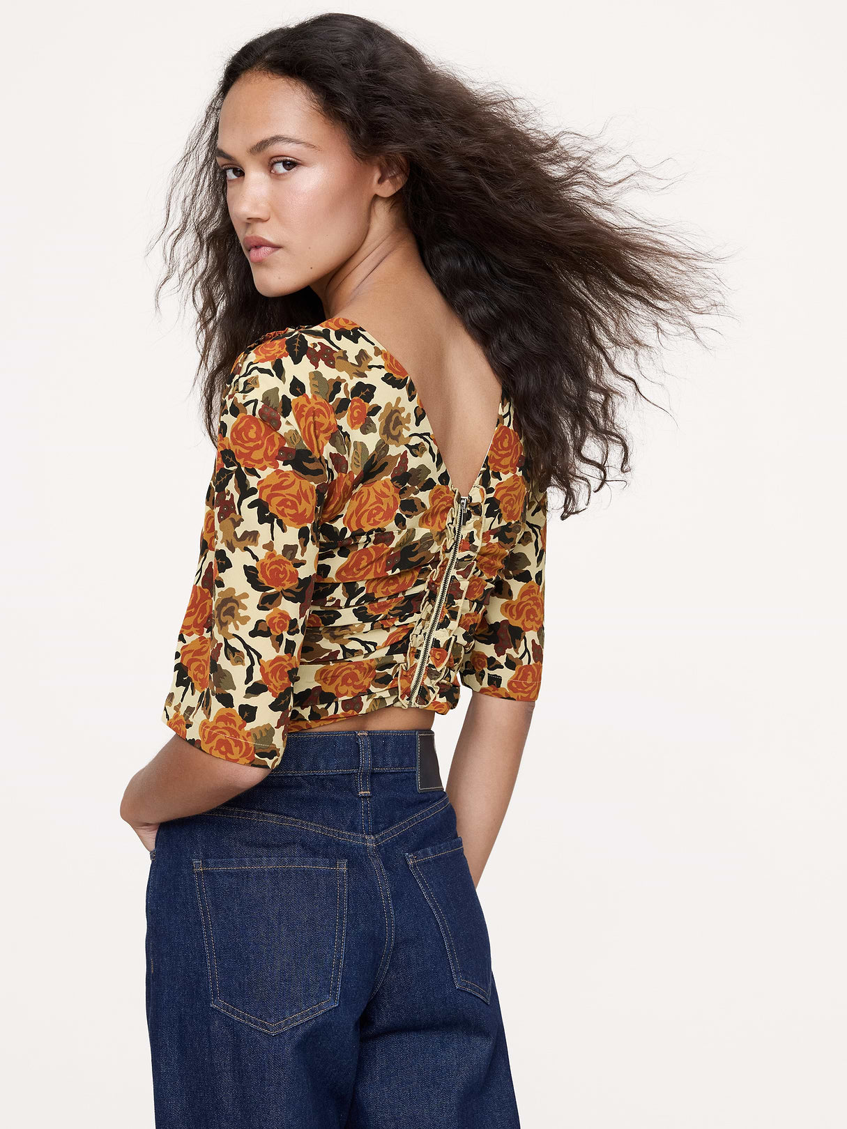 Matte Silk Ruched Top - Yellow Roses