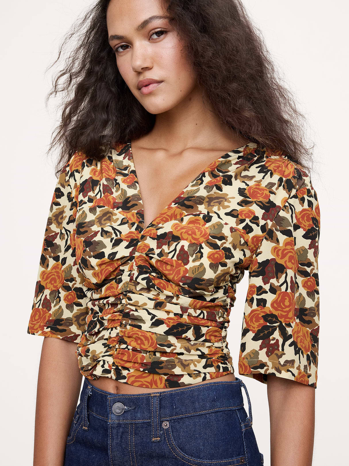 Matte Silk Ruched Top - Yellow Roses