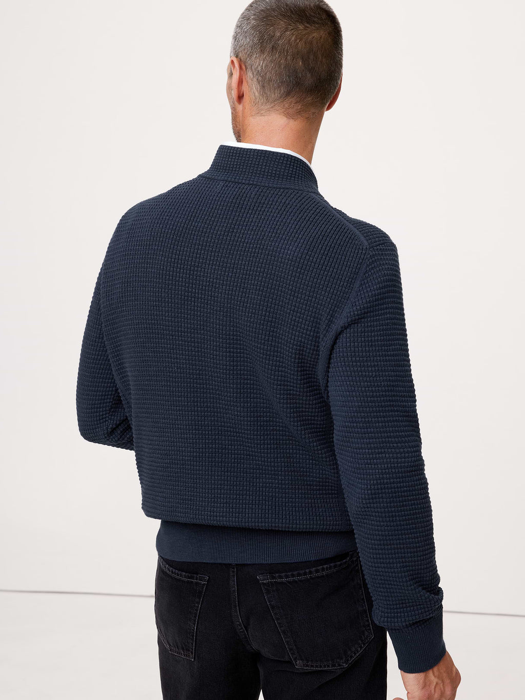 Cotton Thermal-Knit V-Neck Sweater - Navy Blue