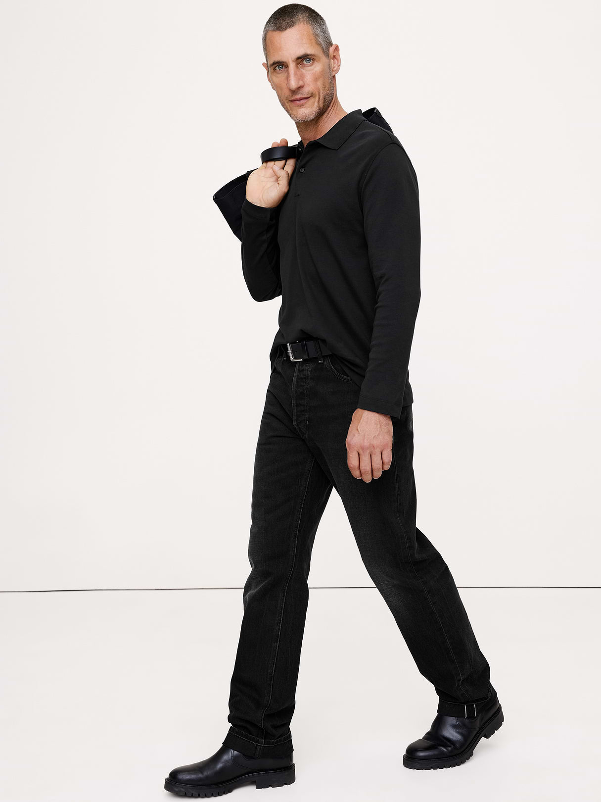 Luxury-Touch Long-Sleeve Polo - Black