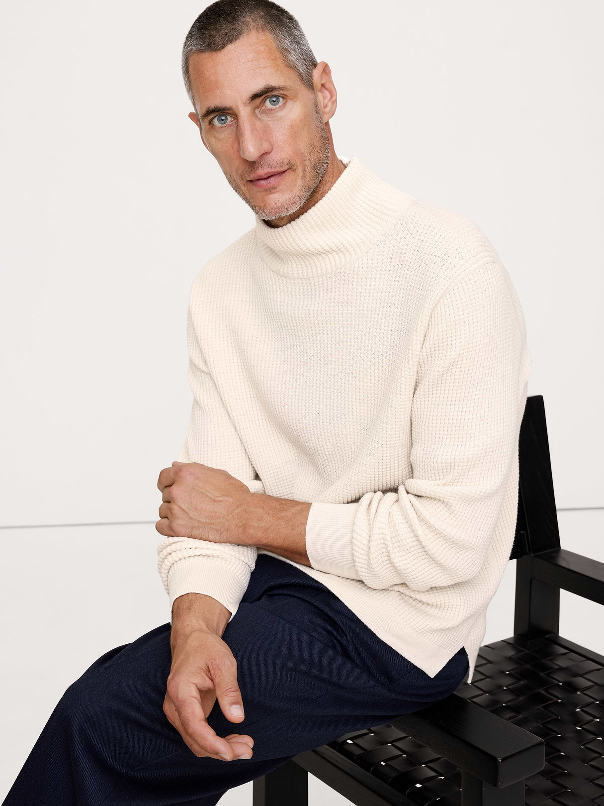 Cotton Thermal-Knit Turtleneck Sweater - Cream White