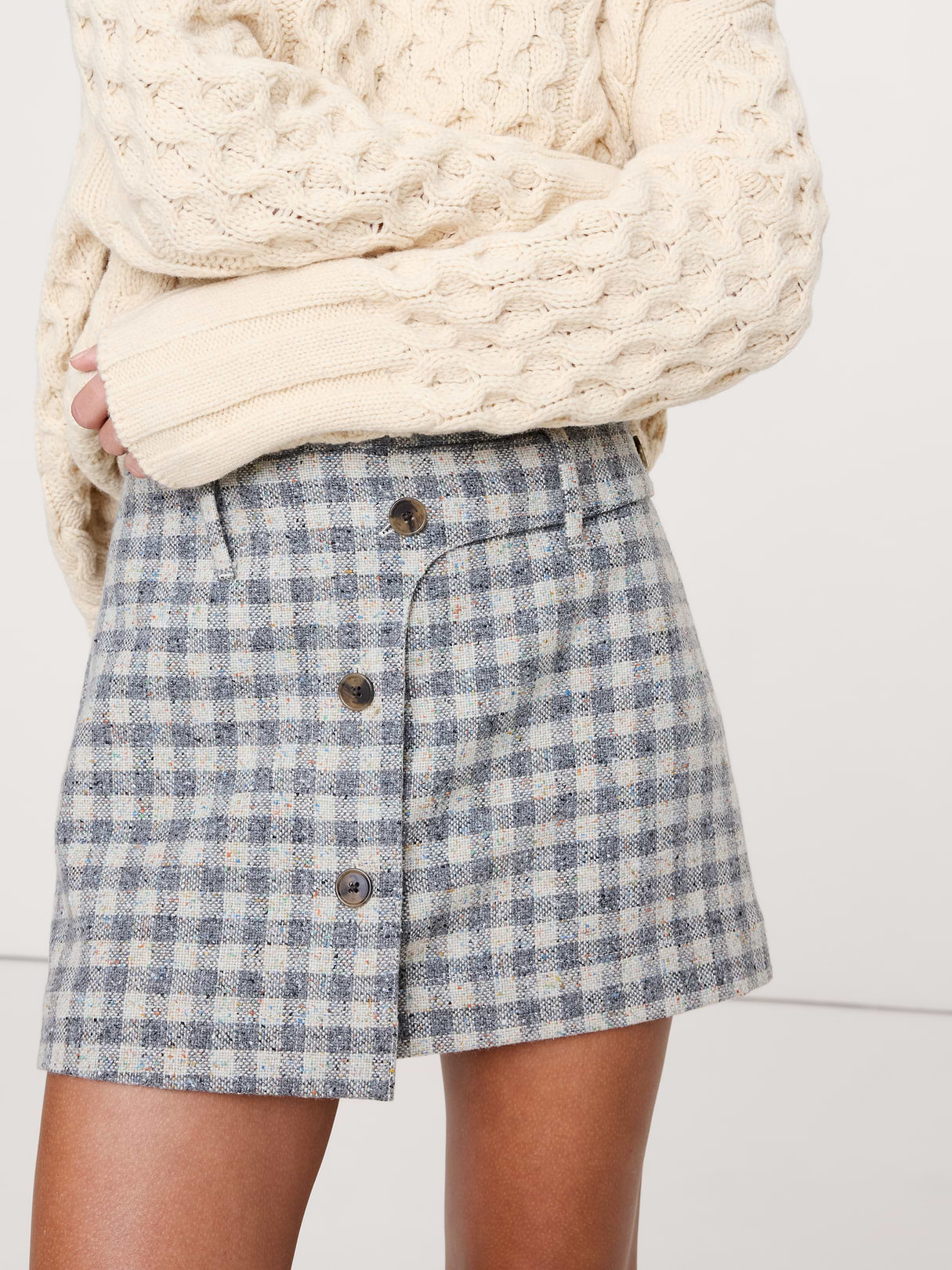 Italian Tweed Wrap Mini Skirt - Gray Gingham