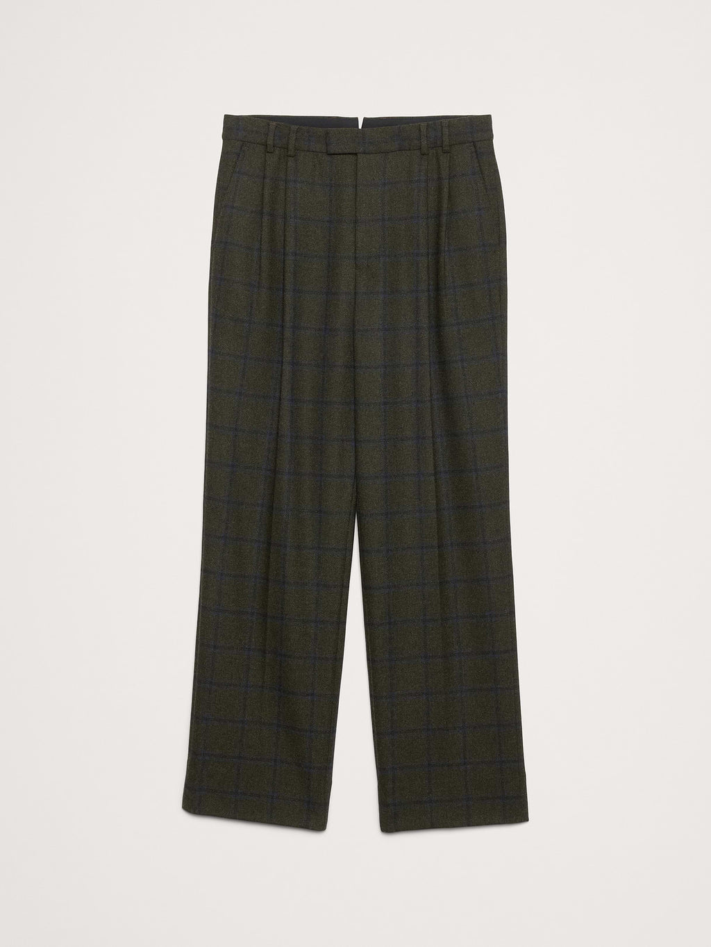 Straight Flannel Pleated Dress Pant - Olive Green Plaid