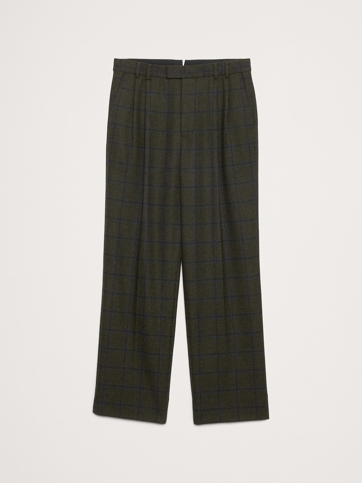 Straight Flannel Pleated Dress Pant - Olive Green Plaid