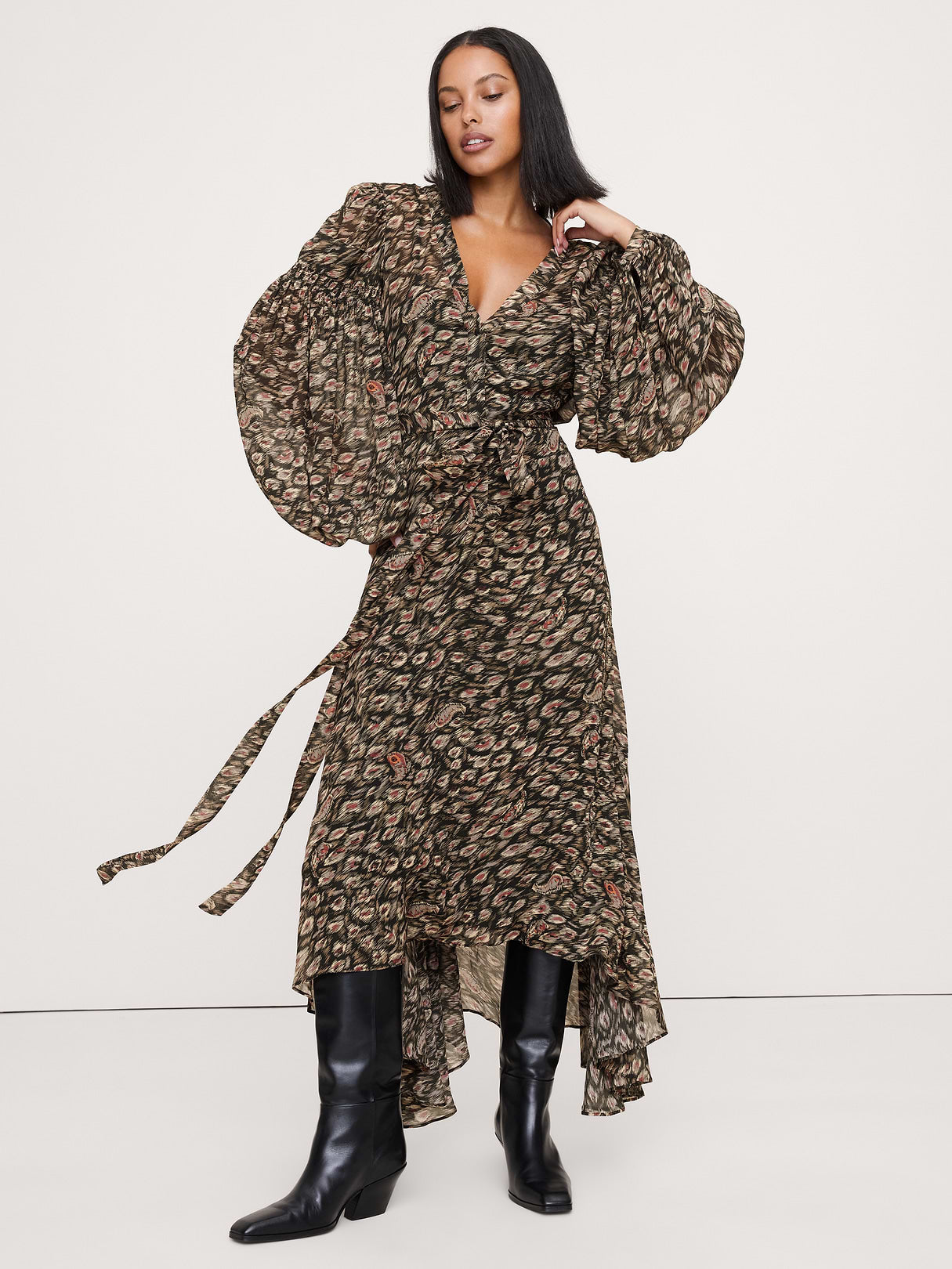 Georgette Puff-Sleeve Maxi Dress - Agate Paisley Cream