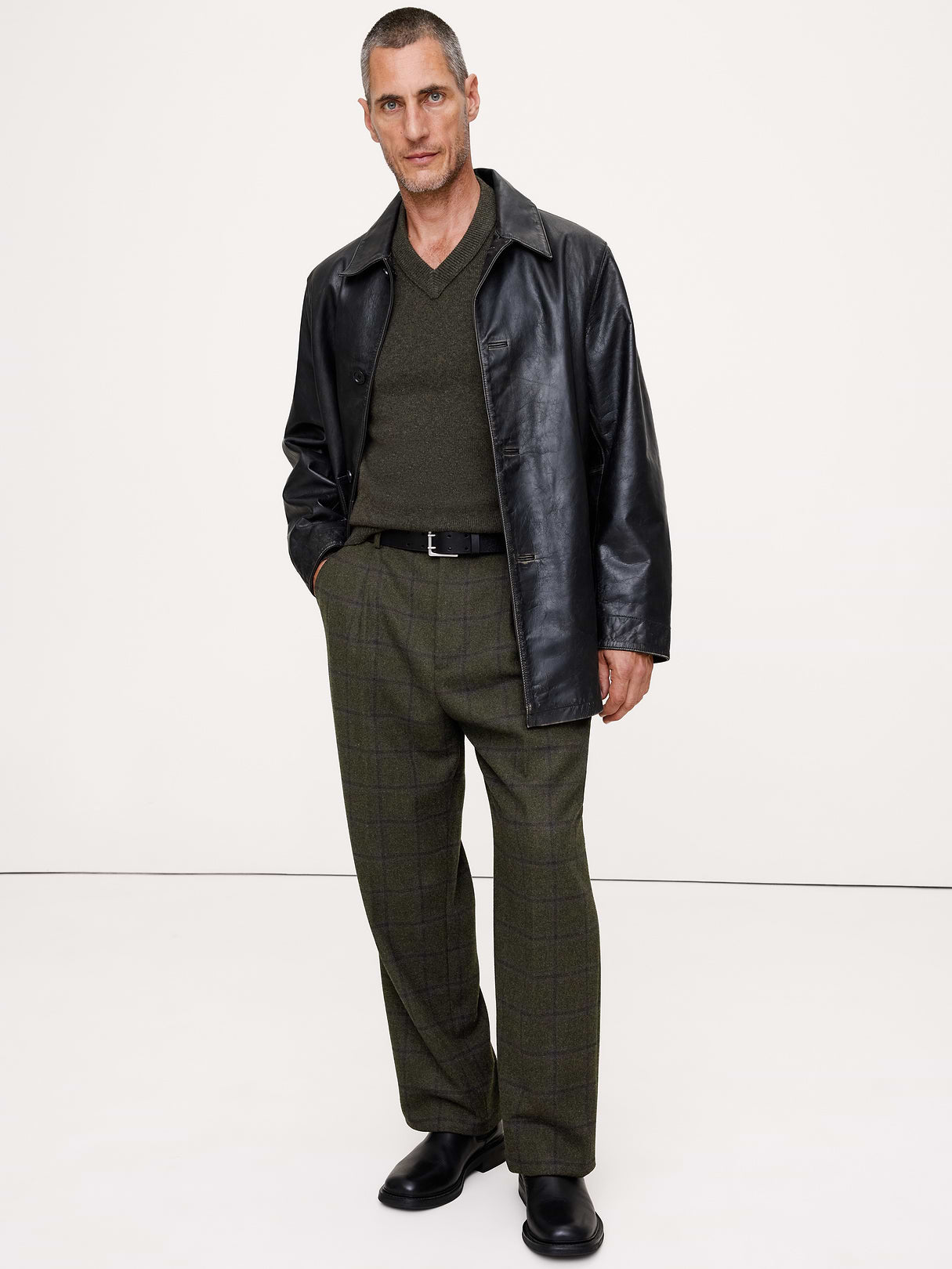 Straight Flannel Pleated Dress Pant - Olive Green Plaid