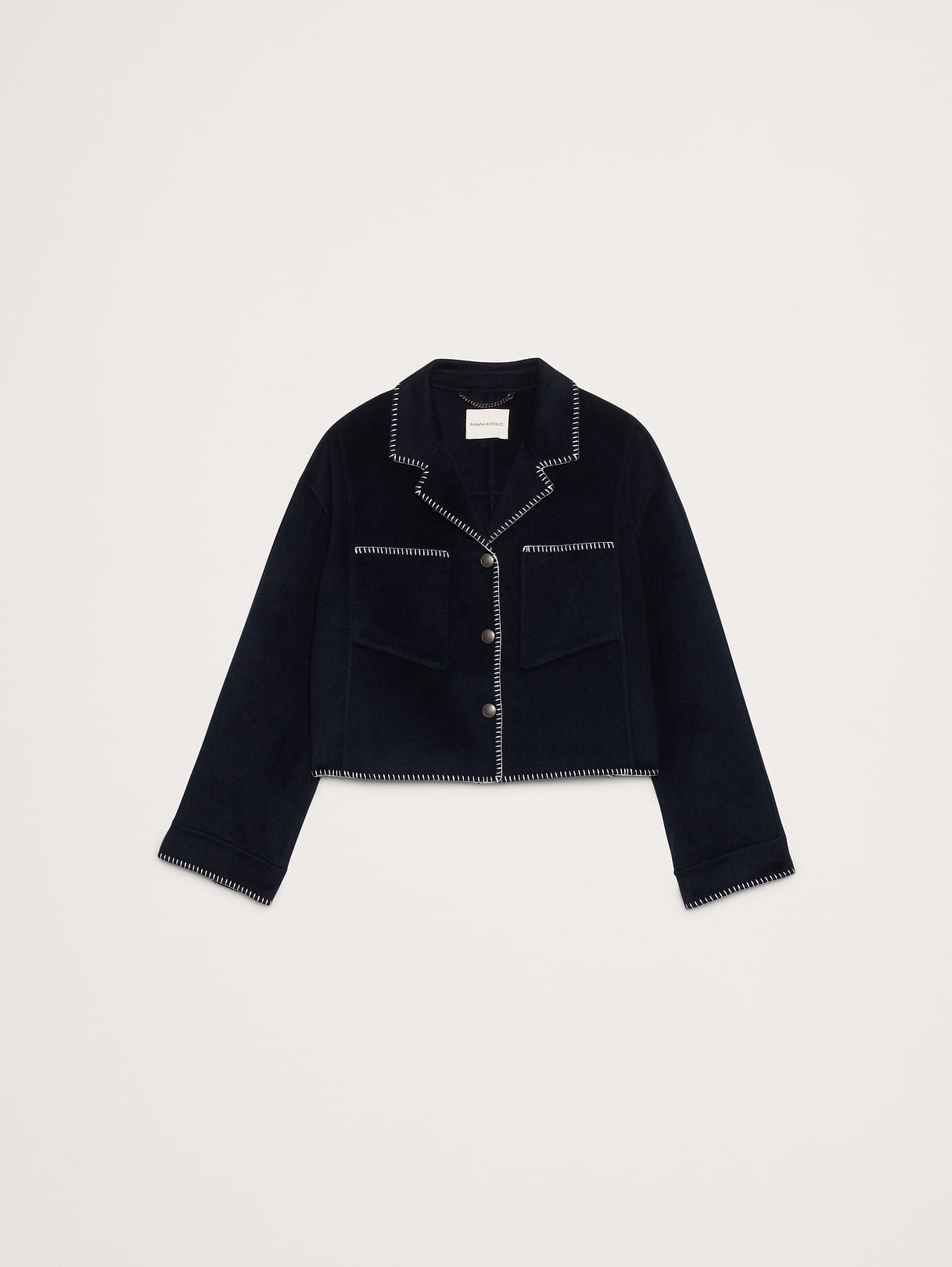 Double-Faced Short Jacket with Blanket Stitch - Navy Blue