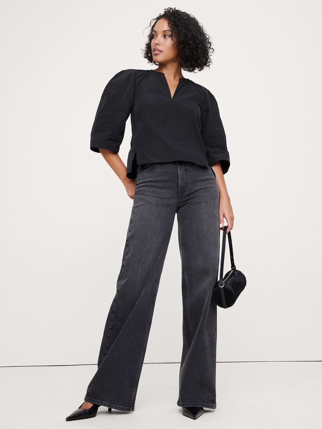 Taffeta Volume-Sleeve Top - Black