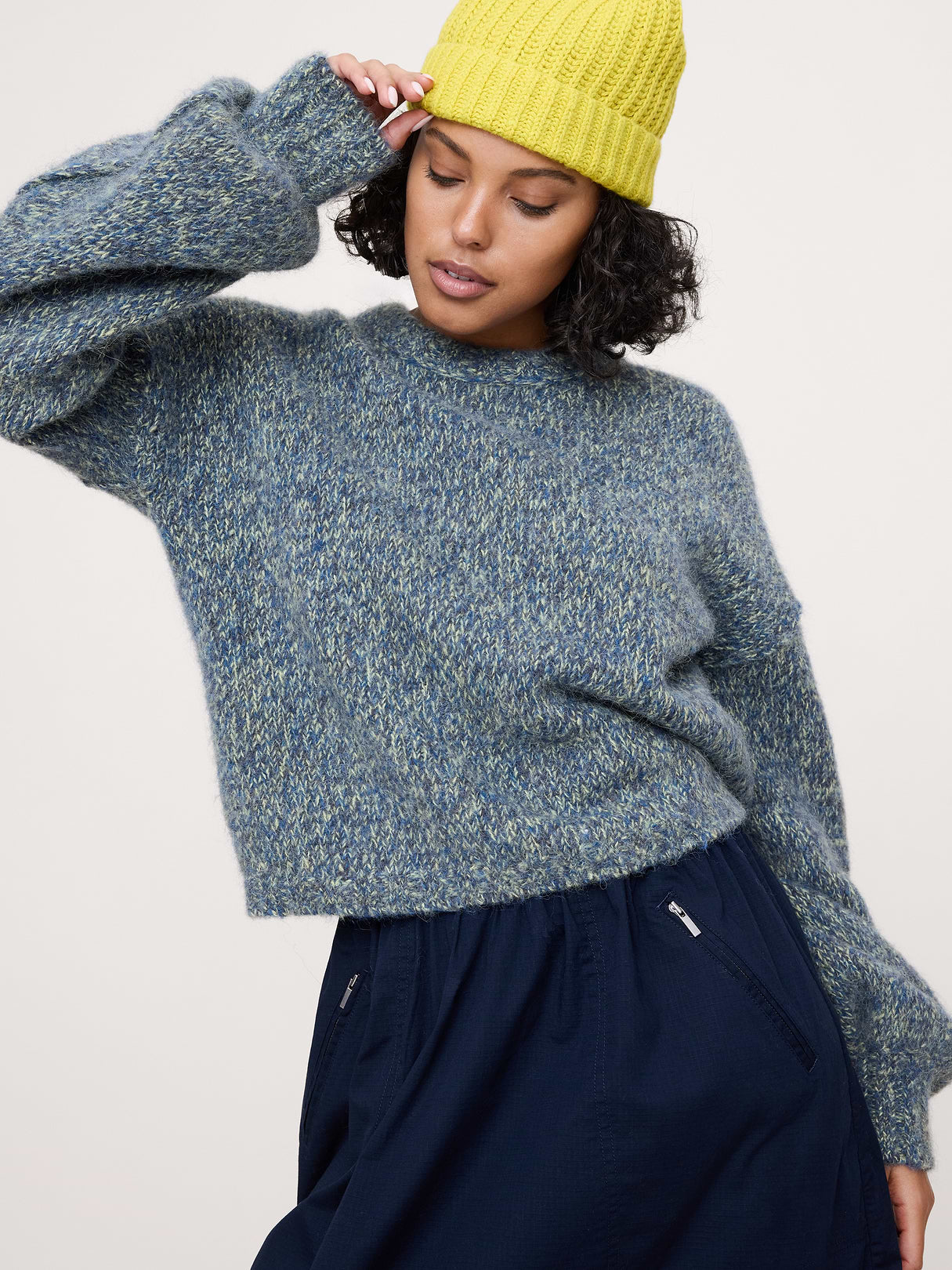 Wool-Alpaca Blend Balloon-Sleeve Sweater - Navy Blue Mix