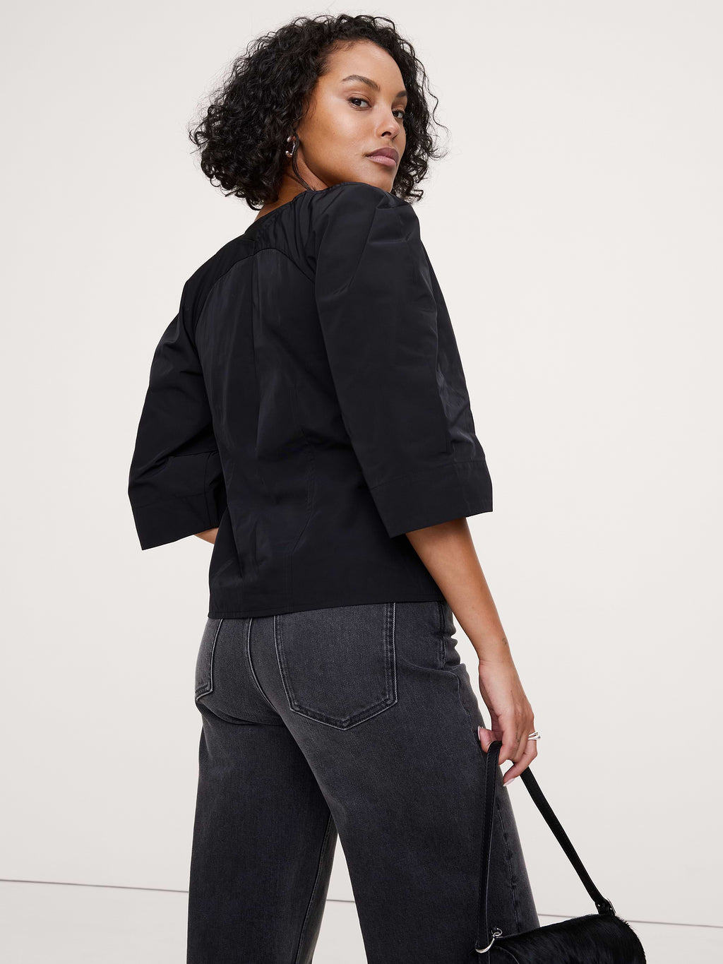 Taffeta Volume-Sleeve Top - Black