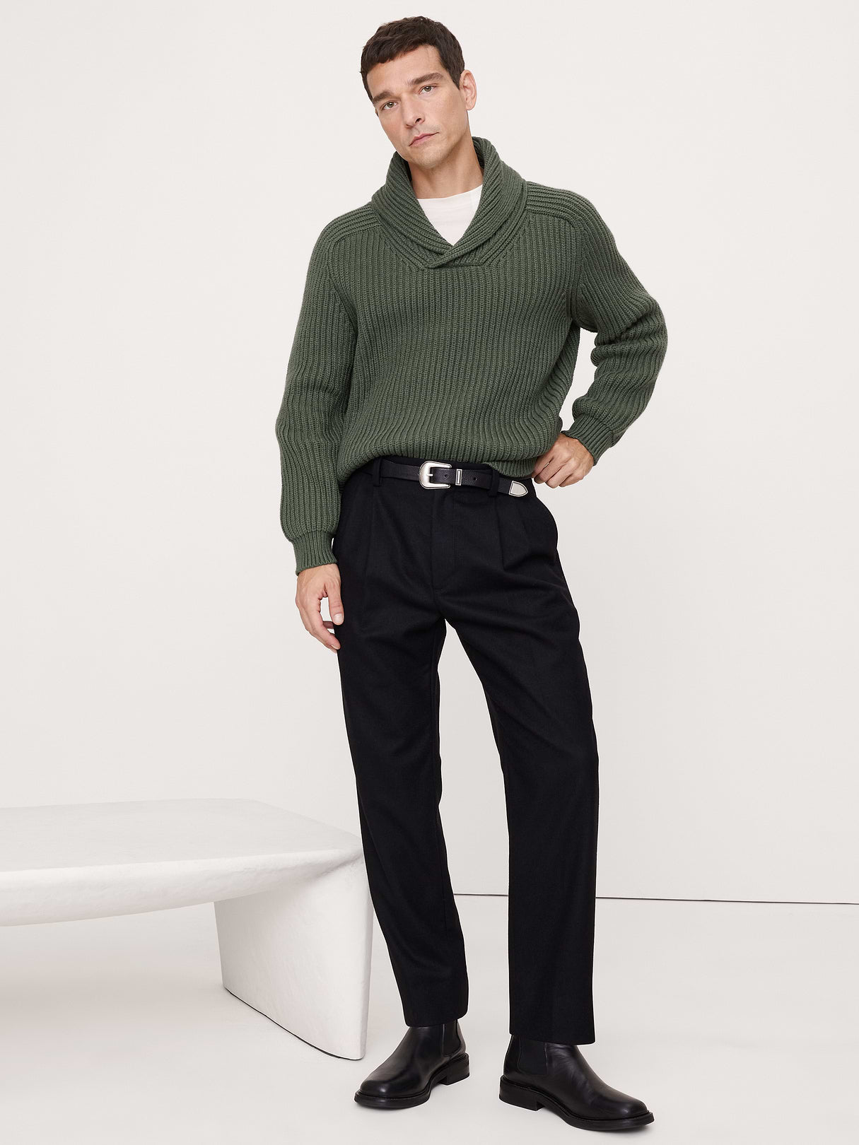 Ribbed Shawl-Collar Sweater - Yosemite Green