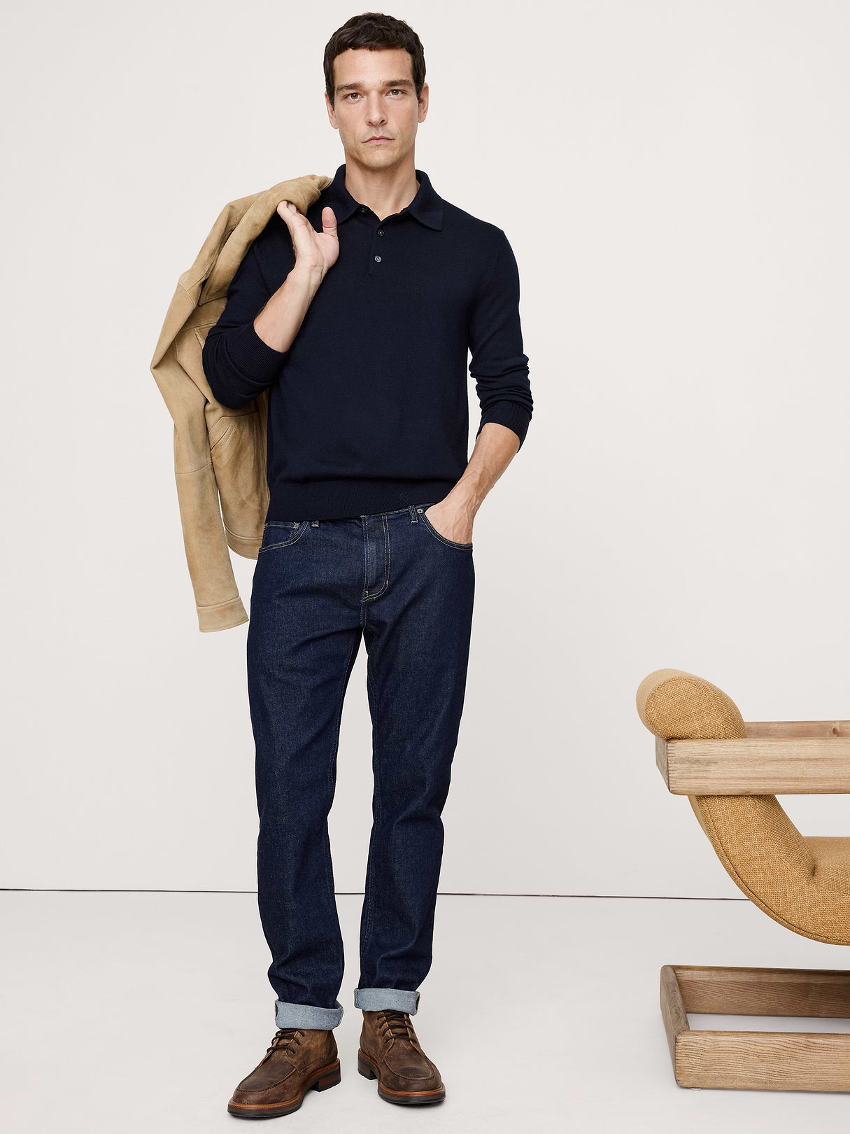 Merino Long-Sleeve Sweater Polo - Navy Blue