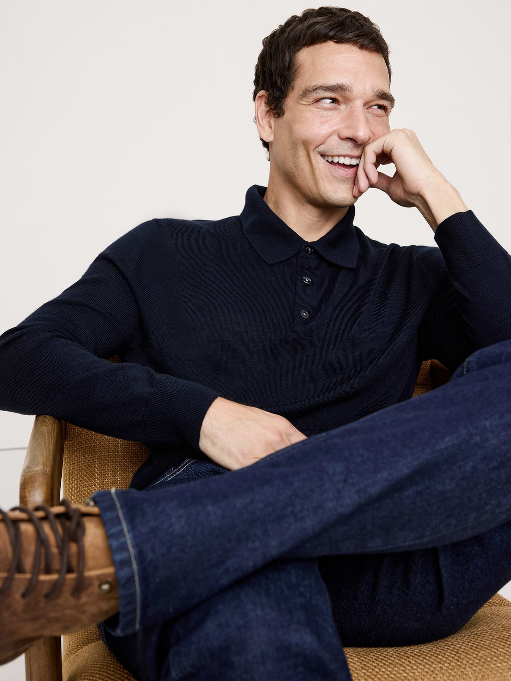 Merino Long-Sleeve Sweater Polo - Navy Blue