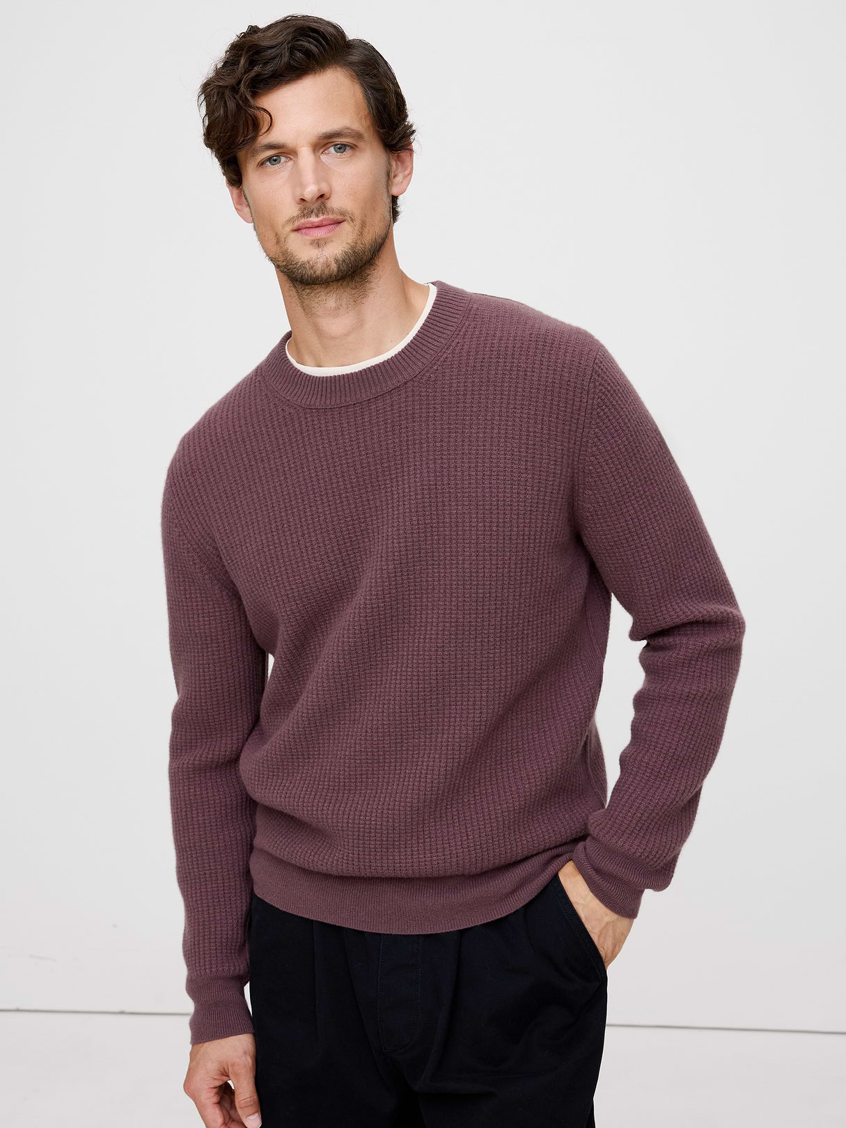 Italian Merino-Cashmere Waffle-Knit Sweater - Mauve