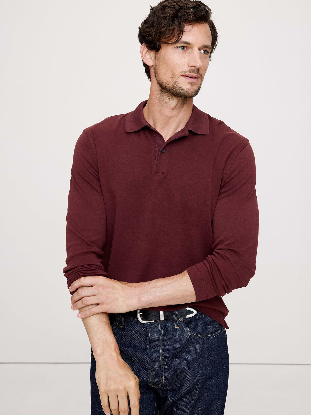 Luxury-Touch Long-Sleeve Polo - Redwood Burgundy