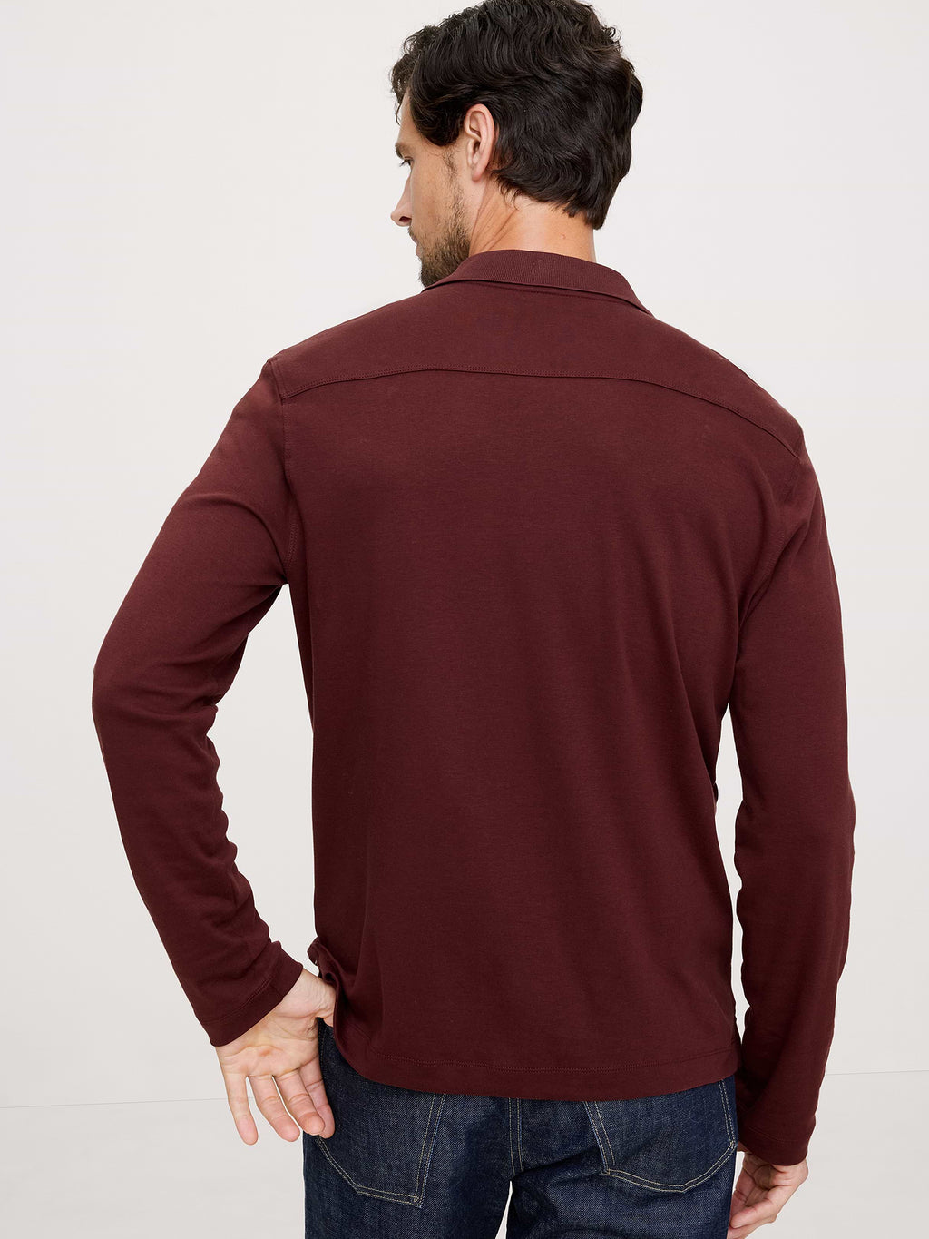 Luxury-Touch Long-Sleeve Polo - Redwood Burgundy