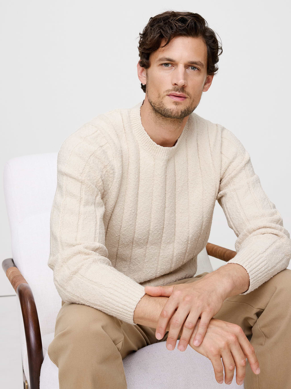 Bouclé Ribbed Crew-Neck Sweater - Cream White