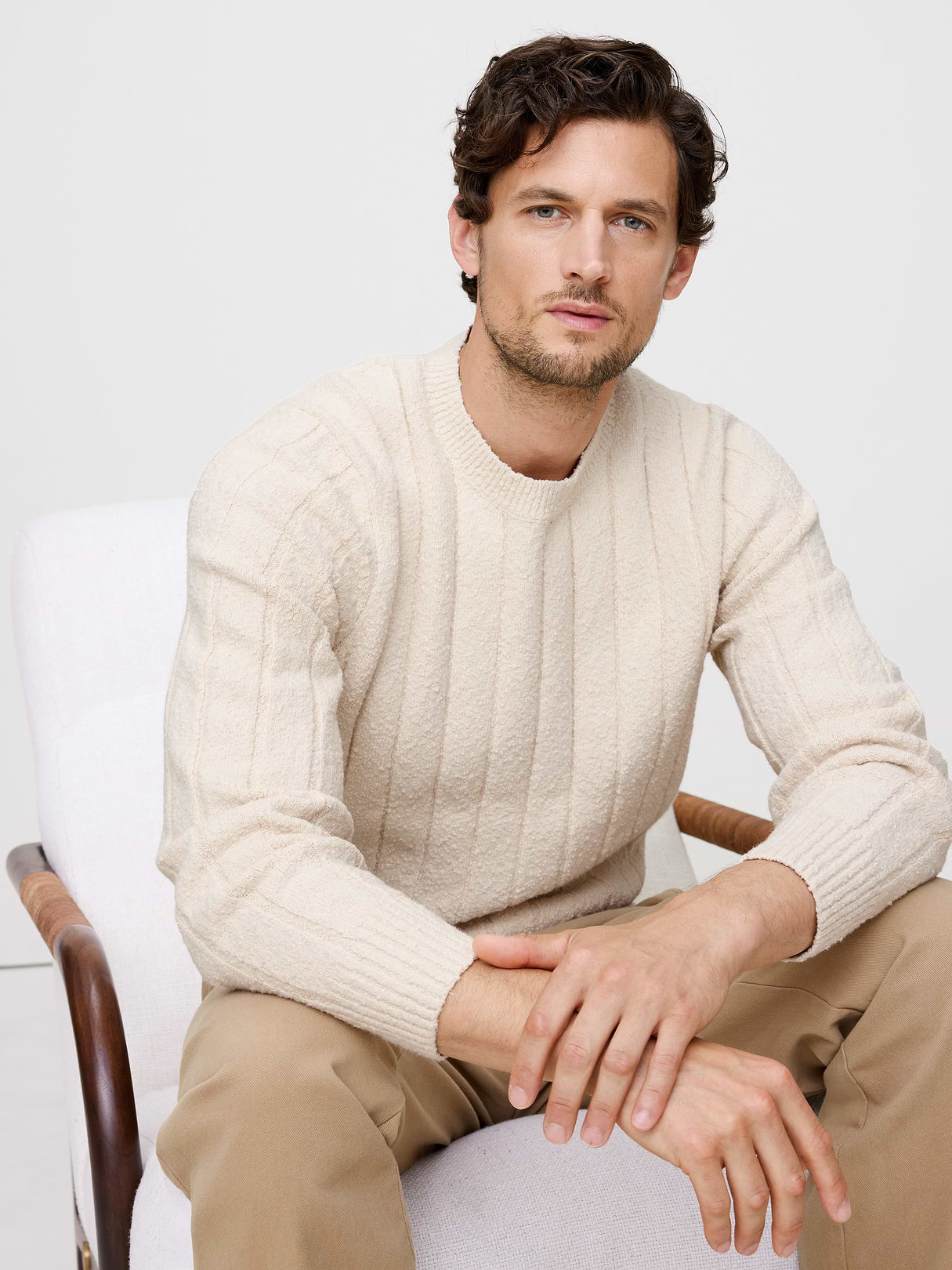 Bouclé Ribbed Crew-Neck Sweater - Cream White