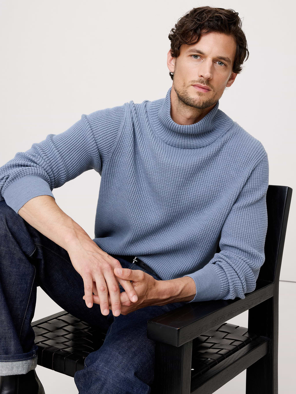 Cotton Thermal-Knit Turtleneck Sweater - Frozen Loch Blue