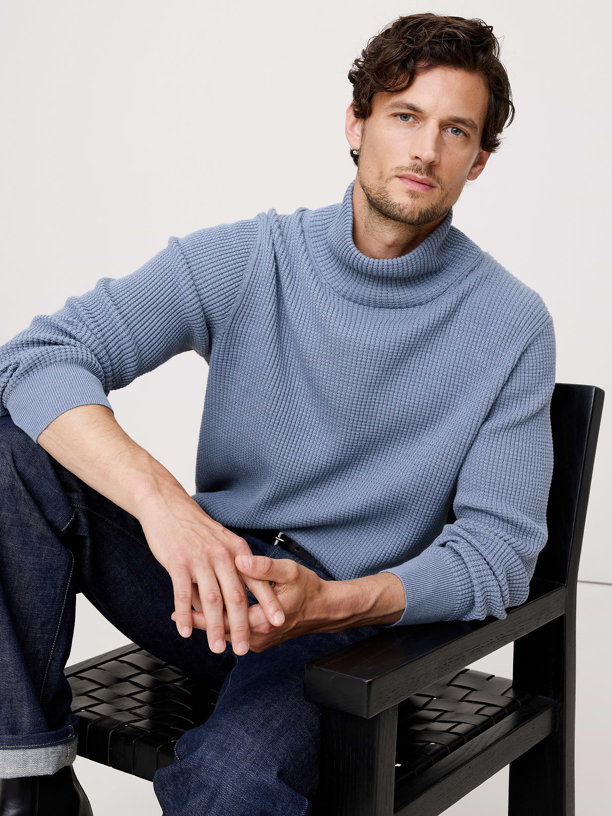 Cotton Thermal-Knit Turtleneck Sweater - Frozen Loch Blue