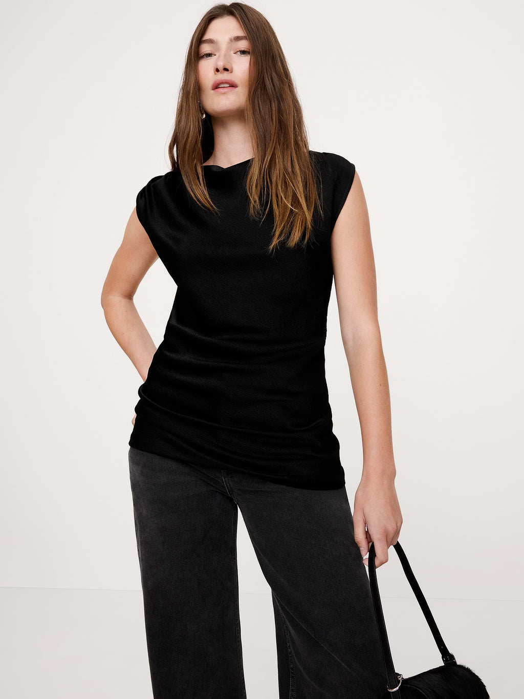 Hammered Satin Draped Top - Black