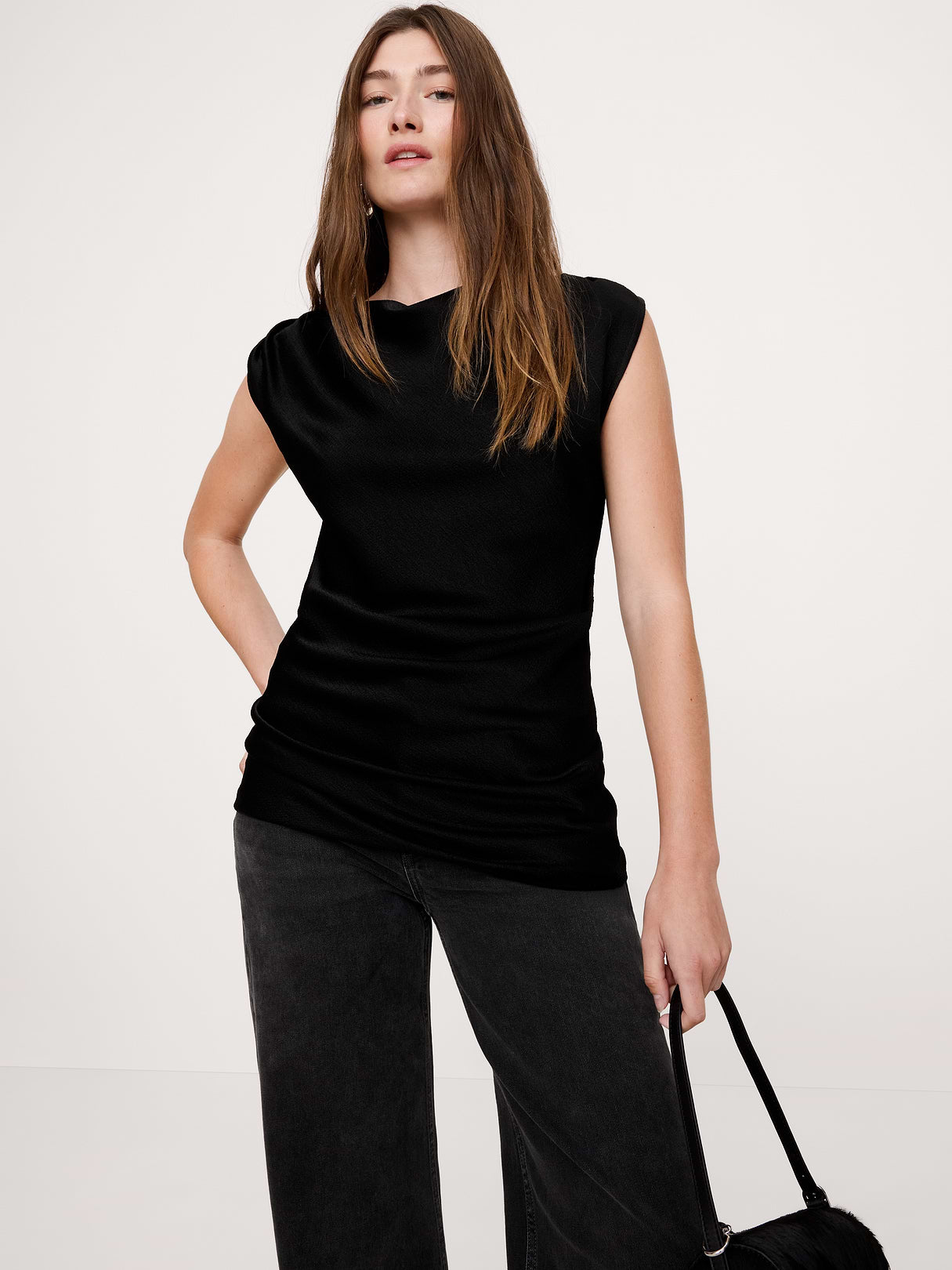 Hammered Satin Draped Top - Black