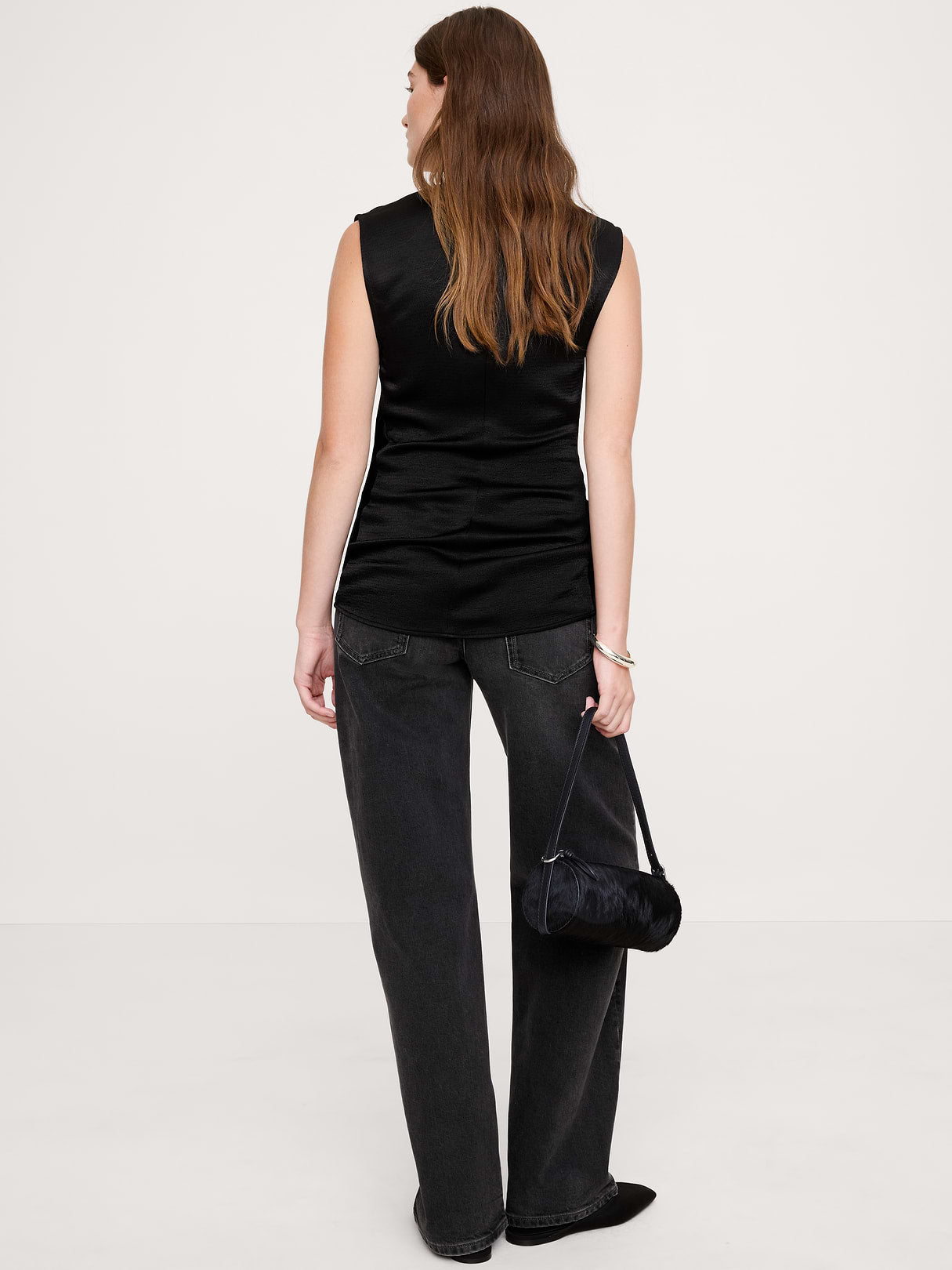 Hammered Satin Draped Top - Black