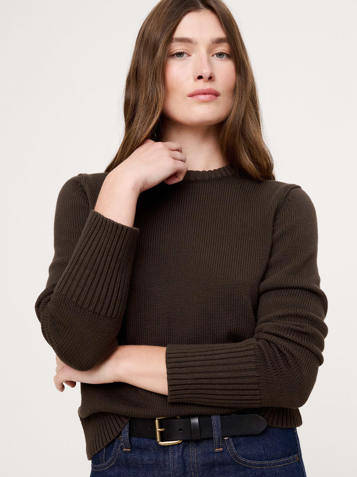 Cotton-Silk Crew-Neck Sweater - Double Chocolate Brown