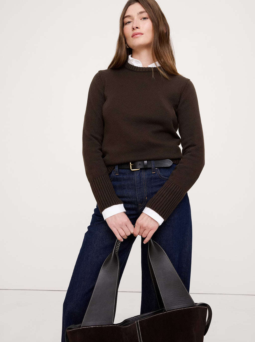 Cotton-Silk Crew-Neck Sweater - Double Chocolate Brown