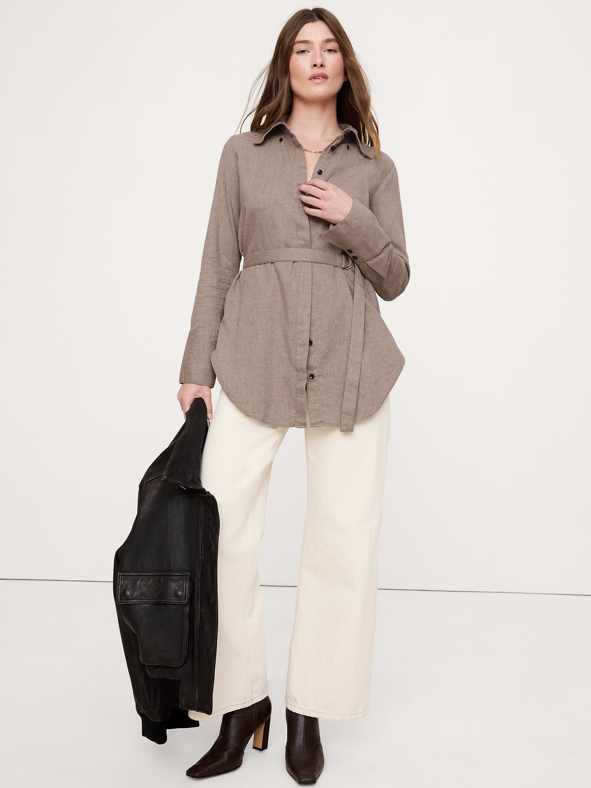 Flannel Belted Tunic Shirt - Mushroom Taupe