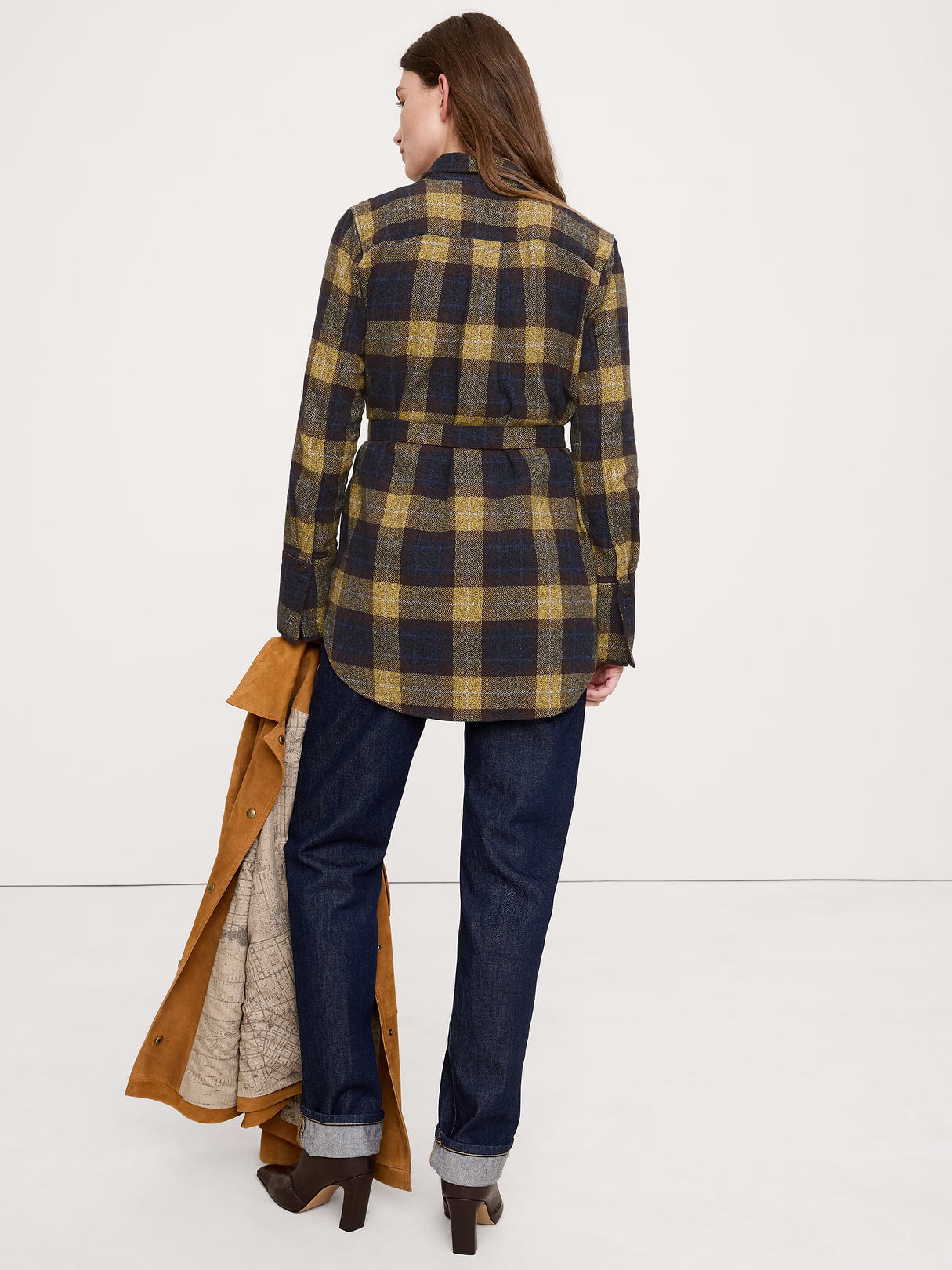 Flannel Belted Tunic Shirt - Blue Plaid
