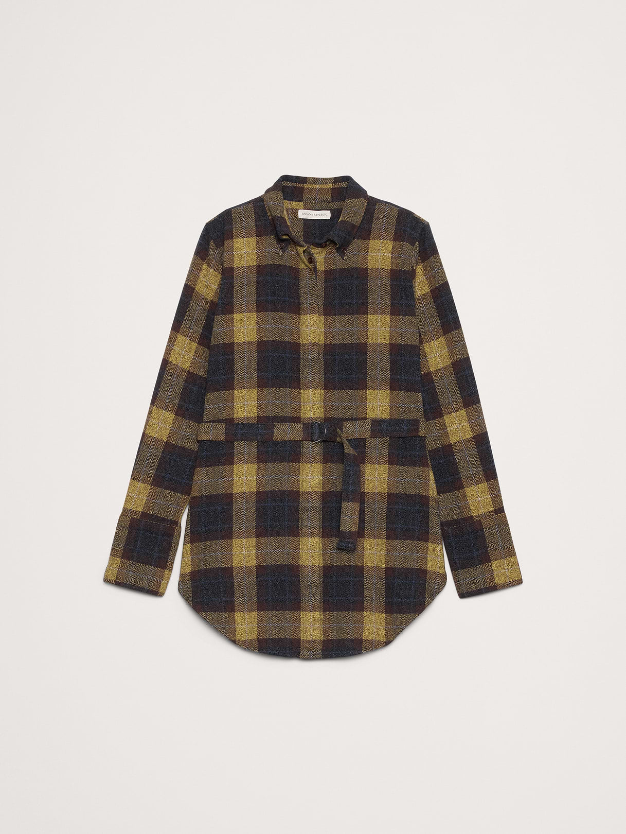 Flannel Belted Tunic Shirt - Blue Plaid