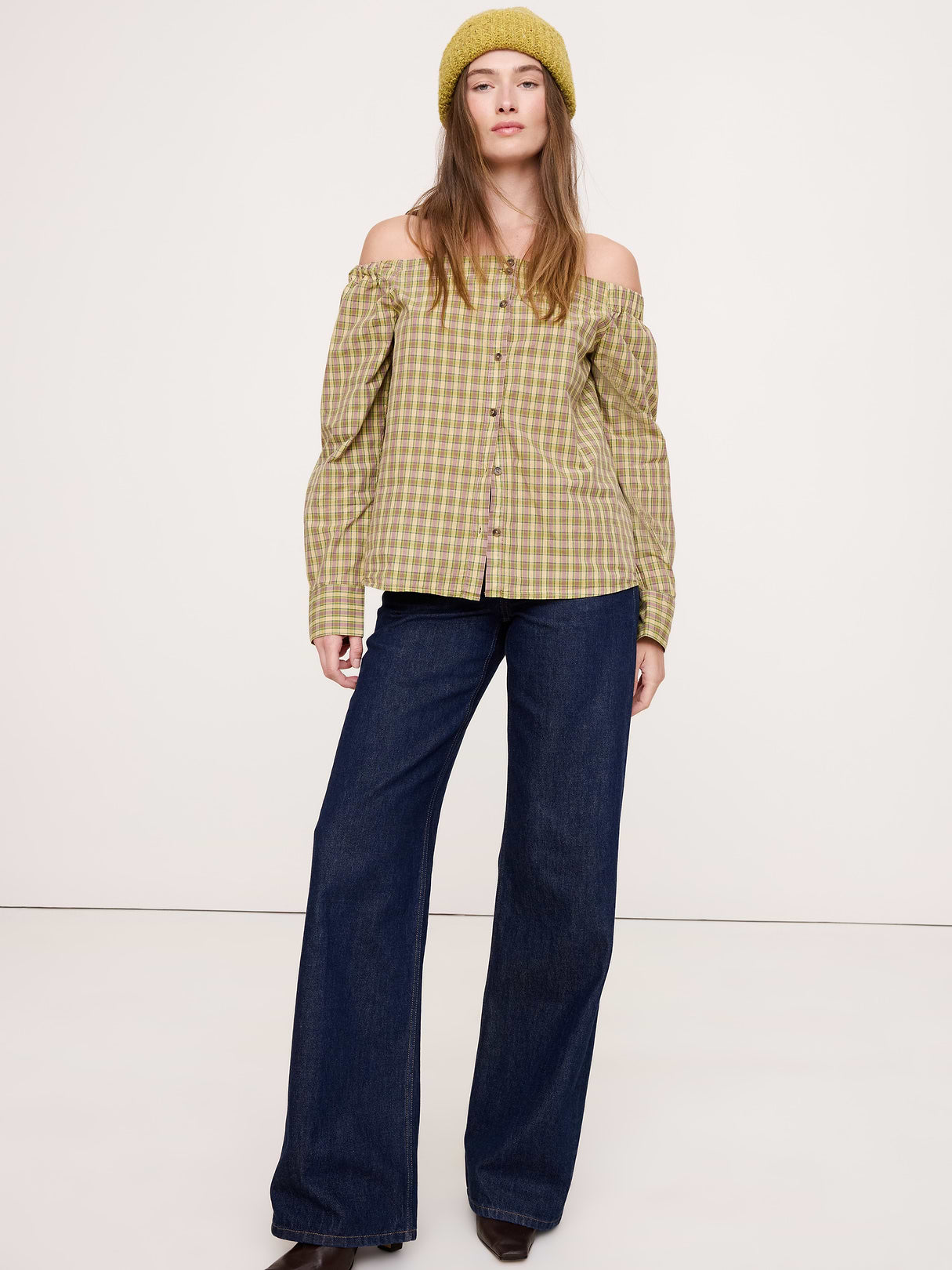 Cotton Poplin Off-The-Shoulder Top - Yellow Plaid