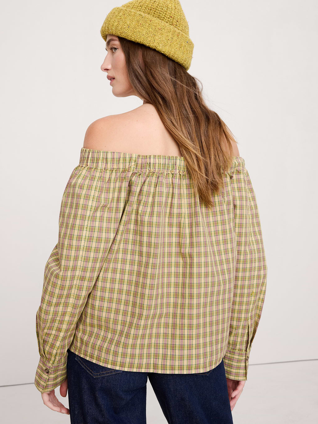 Cotton Poplin Off-The-Shoulder Top - Yellow Plaid