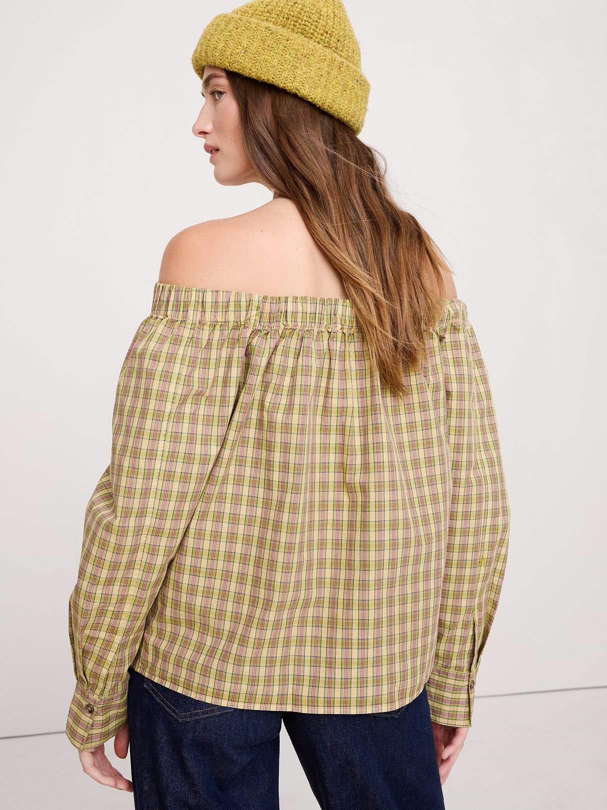 Cotton Poplin Off-The-Shoulder Top - Yellow Plaid