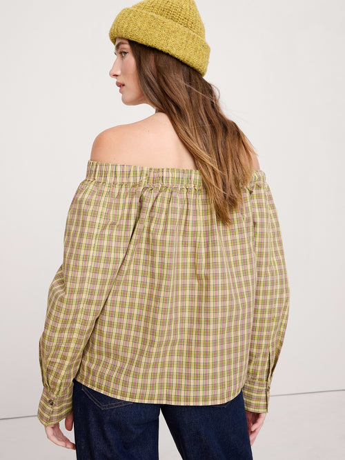 Cotton Poplin Off-The-Shoulder Top - Yellow Plaid
