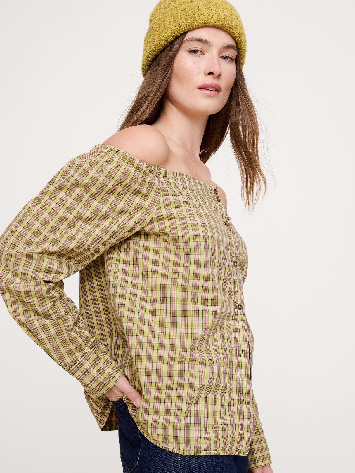 Cotton Poplin Off-The-Shoulder Top - Yellow Plaid