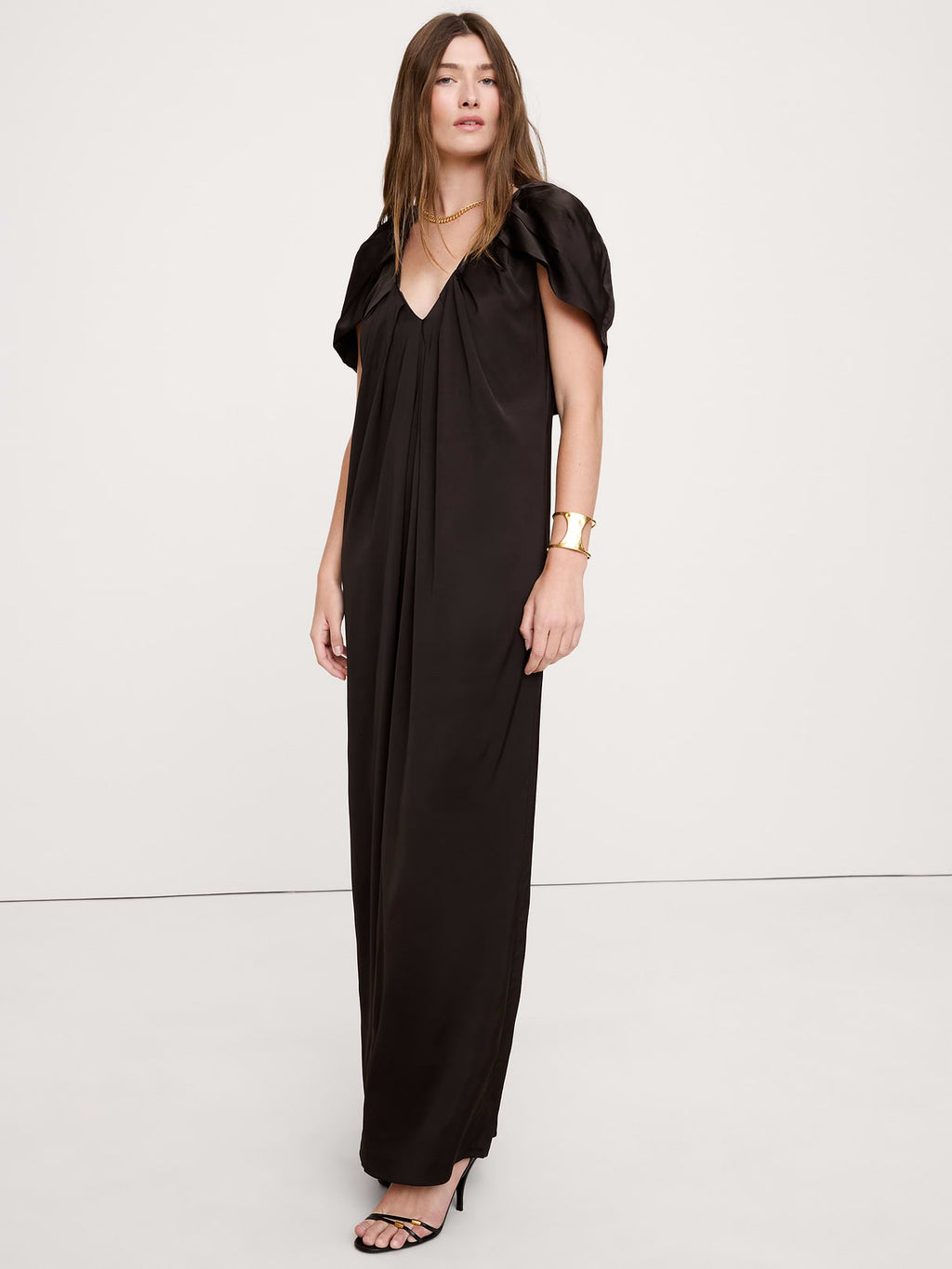 Stretch-Satin Cape Maxi Dress - Ganache Brown
