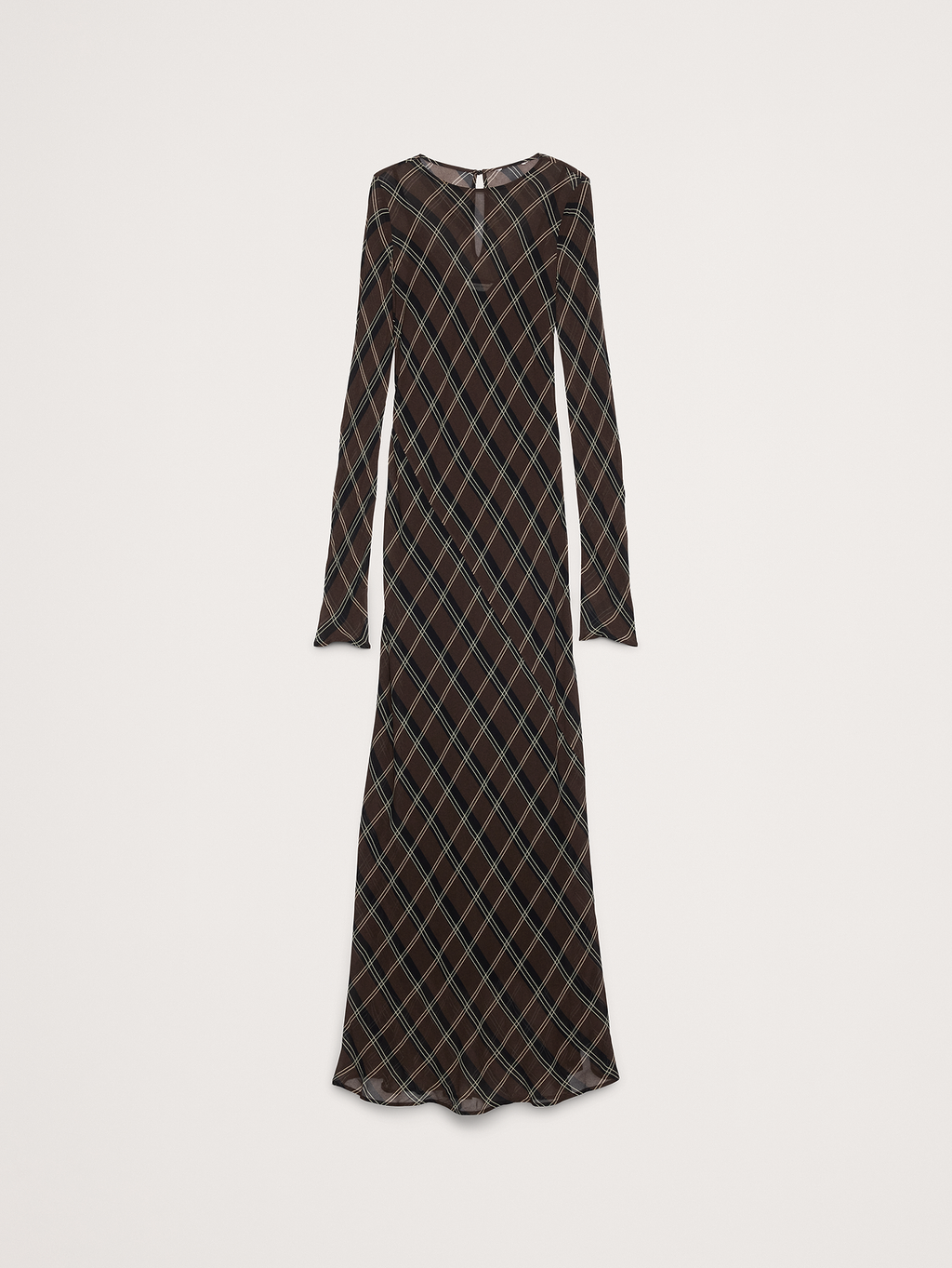 Bias-Cut Chiffon Maxi Dress - Brown Plaid