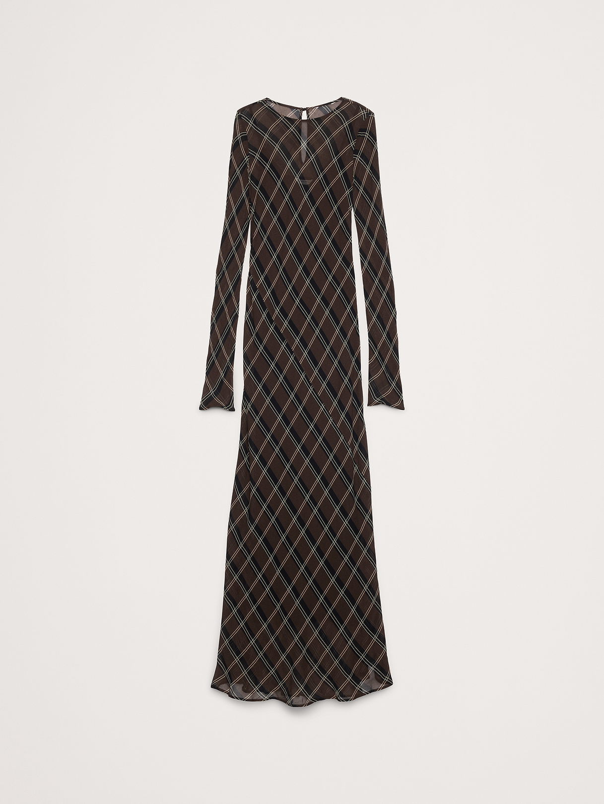 Bias-Cut Chiffon Maxi Dress - Brown Plaid