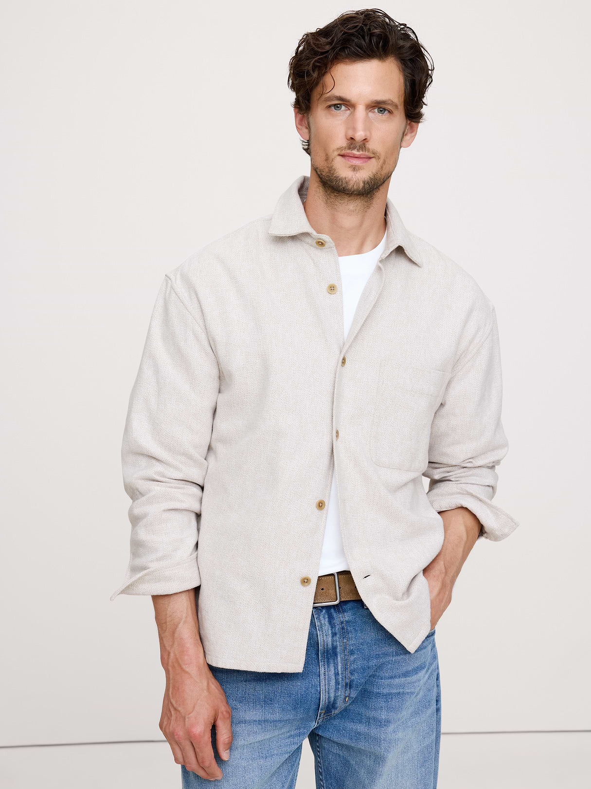 Relaxed-Fit Flannel Overshirt - Cream White